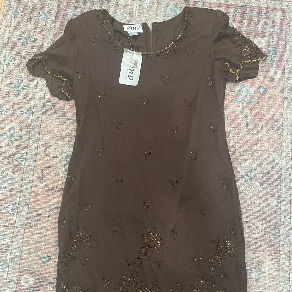Vintage JMD New York Sheer brown Embroidered Short Sleeve Dress Size MP
